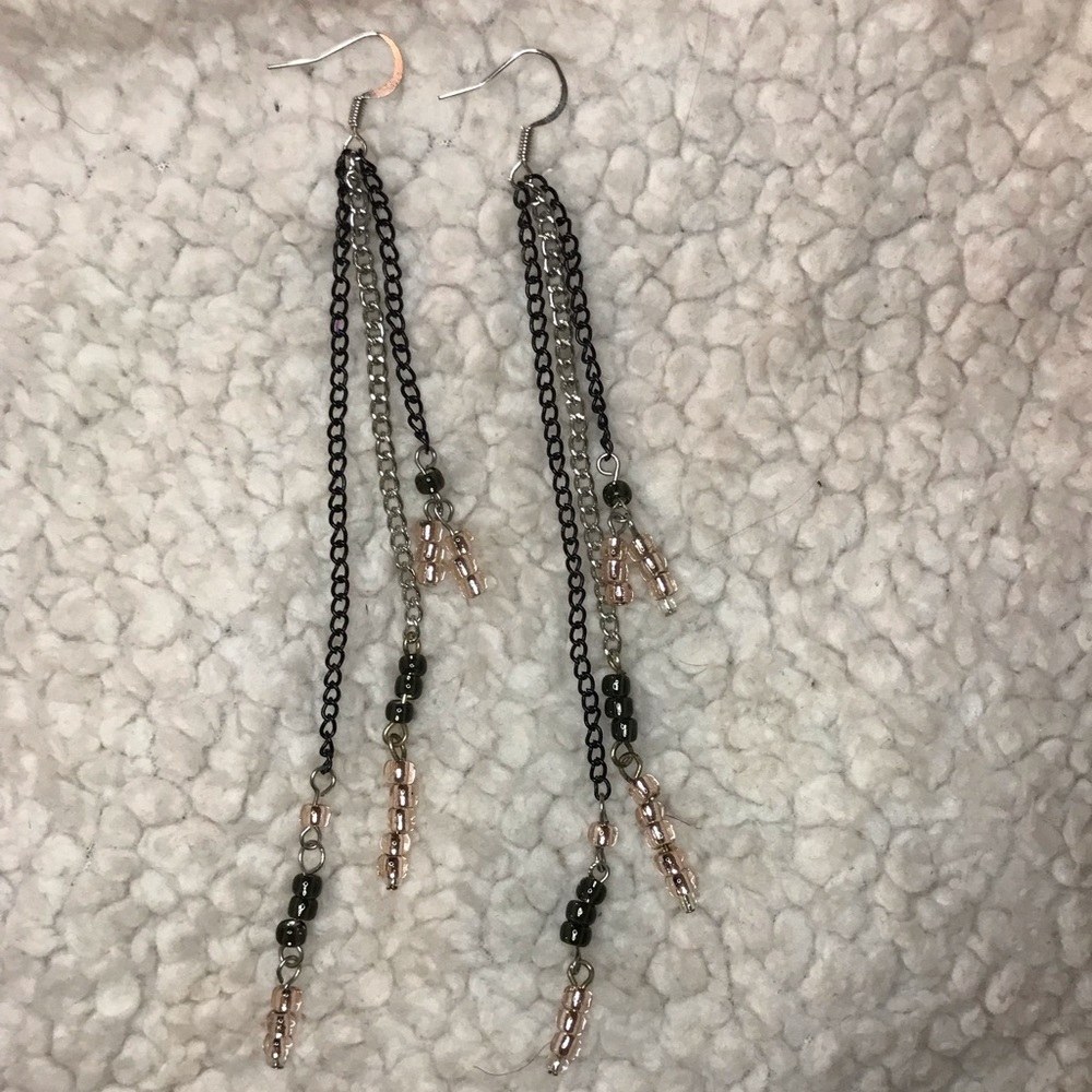 Black, silver, pink, dangly earrings